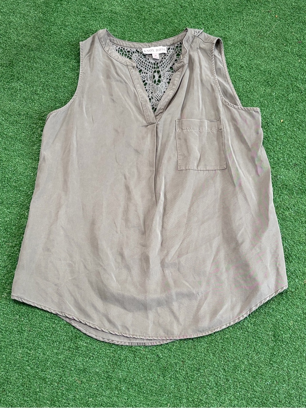 Knox Rose Olive Green Crochet-Back Sleeveless Pocket Tank